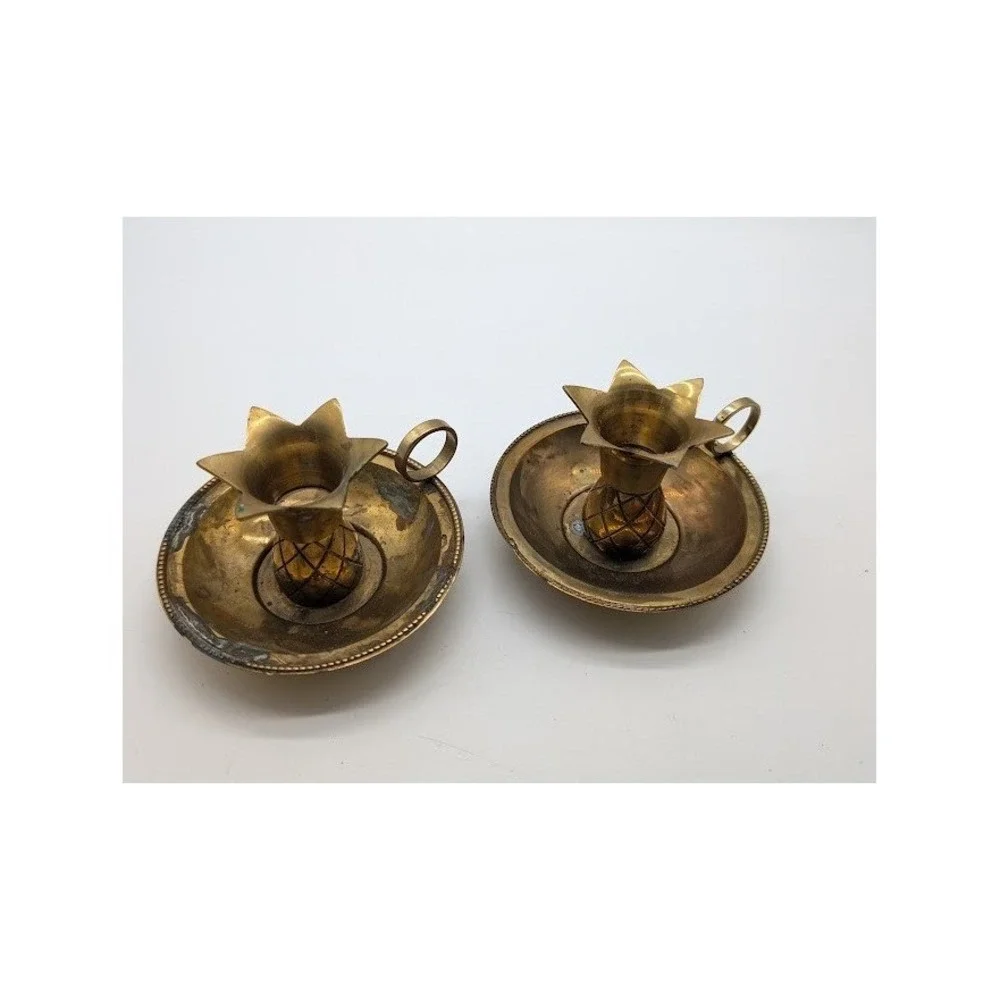 2 Set Vintage Brass Pineapple Chamberstick Candle Holders 4
